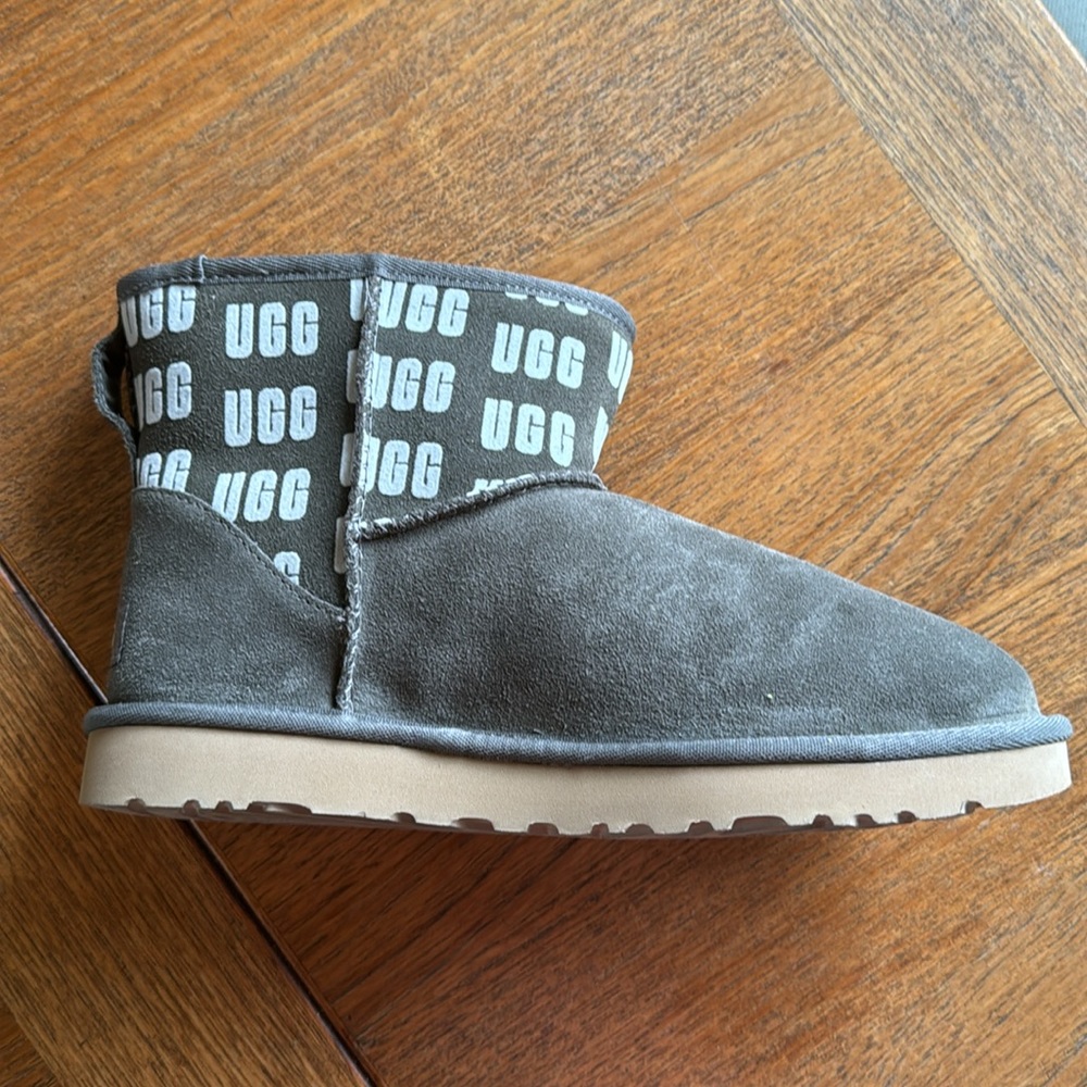 UGG Short Signature Grey Suede Sheepskin Bootie Women’s 8